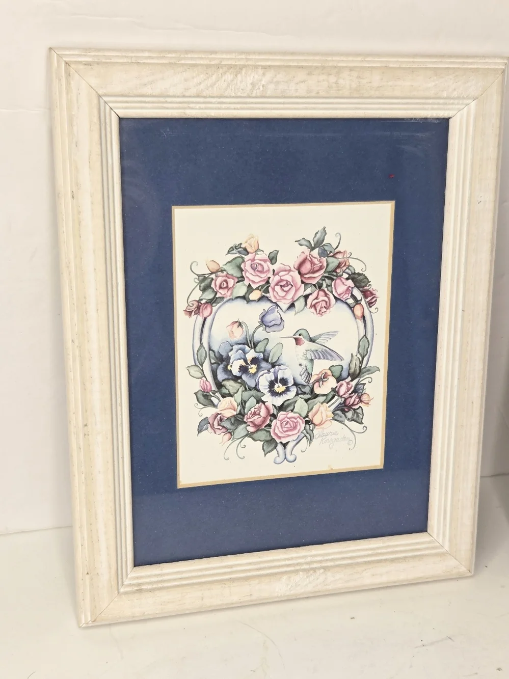 Vintage 90s Blue Hummingbird Floral Wooden Wall Decor Set Laurie Korsgaden